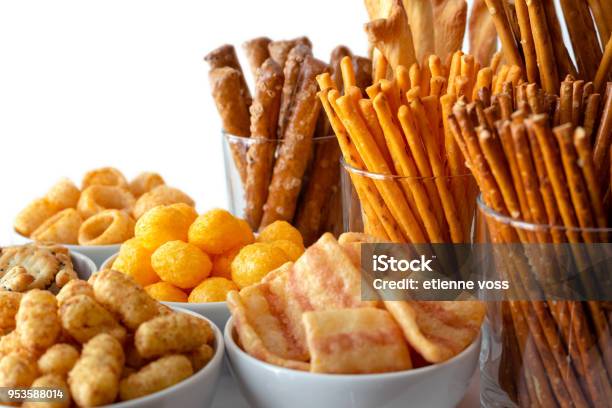Selection Of Many Types Of Savory Snacks In White Ceramic Dishes And Glasses Stock Photo - Download Image Now