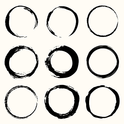 Round paint brush black stroke vector set. Circle black frame painted. Abstract vector design element.