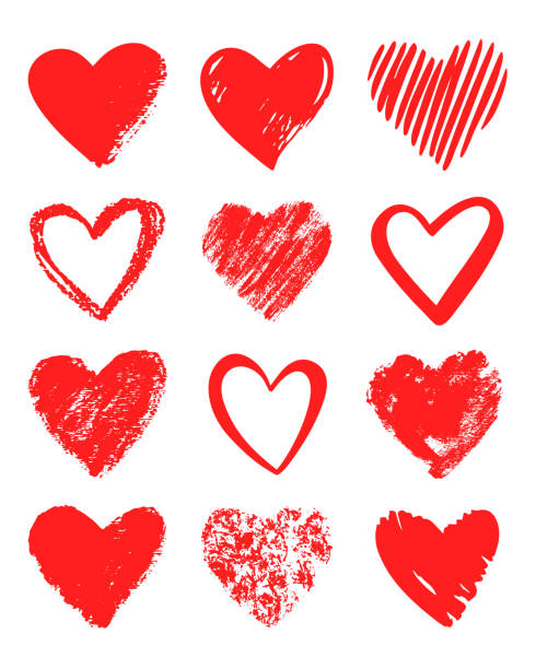roten vektor handgezeichneten satz von verschiedenen herzen. - heart stock-grafiken, -clipart, -cartoons und -symbole