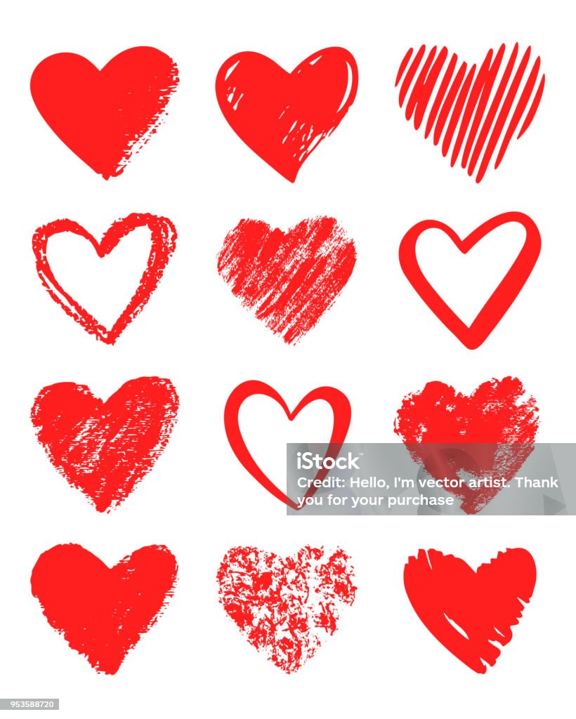 Red vector hand drawn set of different hearts. Vector hand drawn collection of red hearts. Design elements for Valentine's day. Heart Shape stock vector