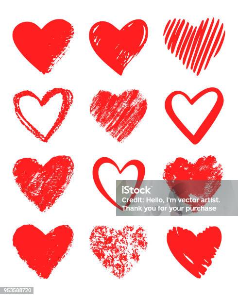 Red Vector Hand Drawn Set Of Different Hearts Stock Illustration - Download Image Now - Heart Shape, Drawing - Activity, Icon Symbol