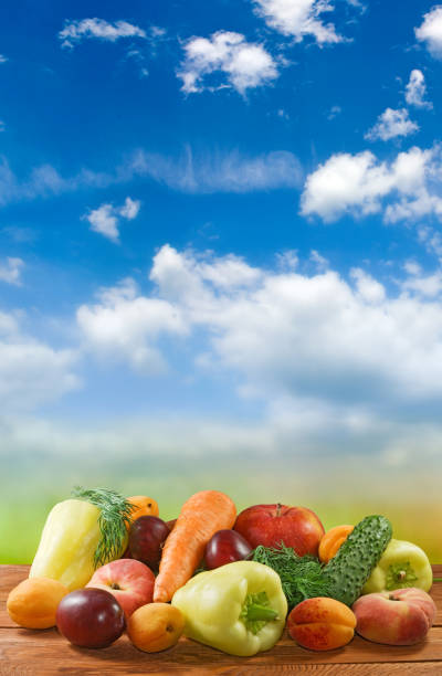 Image of fruits and vegetables on the sky background