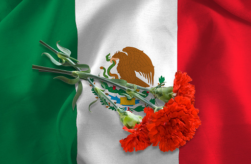 flag of Mexico and flowers closeup