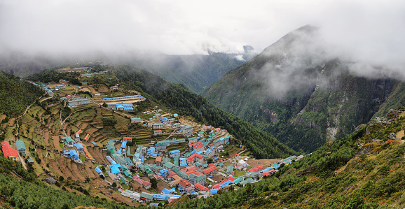 Panoramic view of Namche Bazaar village on the way to Everest Base Camp, Khumbu Region, Nepal Himalaya.