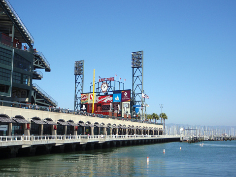 San Francisco - April 22, 2009:  McCovey Cove and AT&T Park with people on arcade and solar panels visible during a baseball game at the beginning of the season of the  Giants in San Francisco, CA.