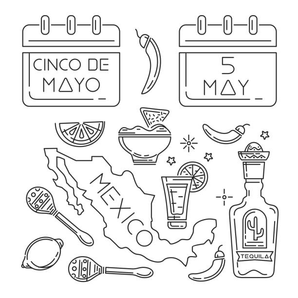 набор иконок линии cinco de mayo - national holiday celebration event party calendar stock illustrations