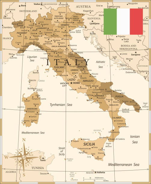 illustrations, cliparts, dessins animés et icônes de 25 - italie - 10 or vintage - italy map sicily cartography