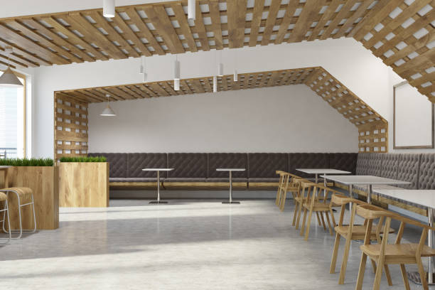 istock White and wooden eco bar interior, side 953605674