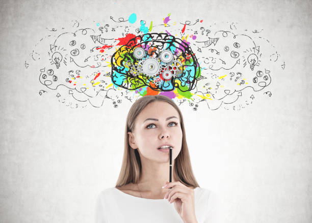 istock Attractive caucasian woman thinking, cog brain 953606268