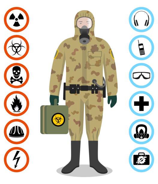 산업 개념입니다. 위장 보호에 군인 isoldier의 상세한 그림에 맞게. 안전 벡터 아이콘입니다. 표시의 집합: 화학, 방사성, 위험, 독성, 독성, 유해 물질. - radiation protection suit biology danger biochemical warfare stock illustrations