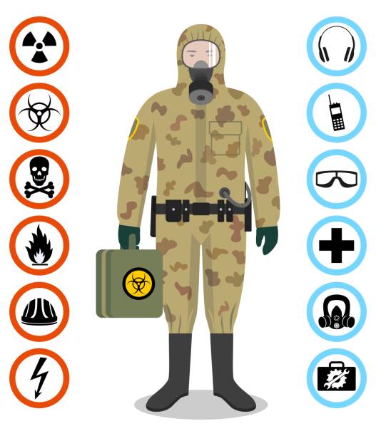 отраслевая концепция. подробная иллюстрация солдата isoldier в камуфляжном защитном костюме. значки вектора безопасности. набор признаков: хи� - radiation protection suit biology danger biochemical warfare stock illustrations