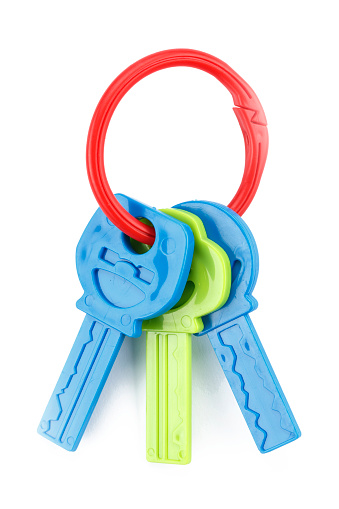plastic toy keys isolated, colorful teethers for babies