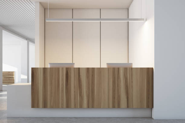istock White and wooden office interior, reception 953612970