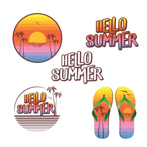 Vector illustration of Hello Summer illustration set - logo, text, flip flops - painted with sunset colors