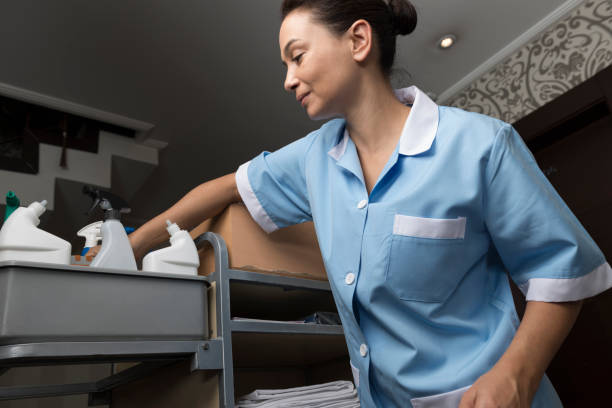 istock Young maid cleaning the hotel rooms 953615256
