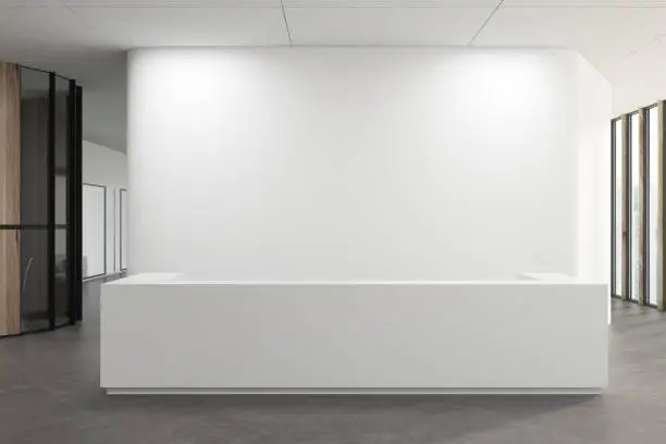 White reception desk standing in a white office corridor with a concrete floor. 3d rendering mock up