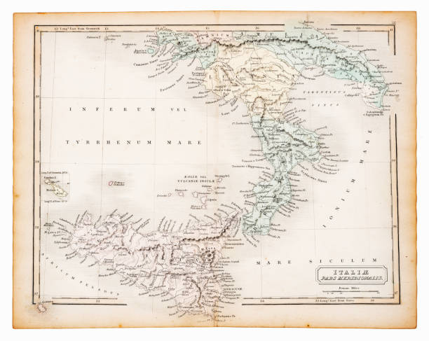 ilustrações de stock, clip art, desenhos animados e ícones de ancient map of southern italy 1863 - sicily map old cartography
