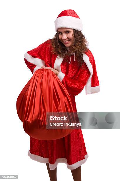 Santa Woman Is Holding Red Sack With Gifts Stock Photo - Download Image Now - Adult, Adults Only, Bag