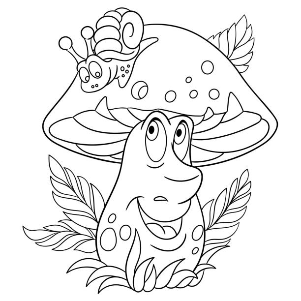 Cartoon porcini and snail. Happy mushroom emoticon. Cartoon porcini and snail. Happy mushroom emoticon. Coloring book page design for kids. peppery bolete stock illustrations