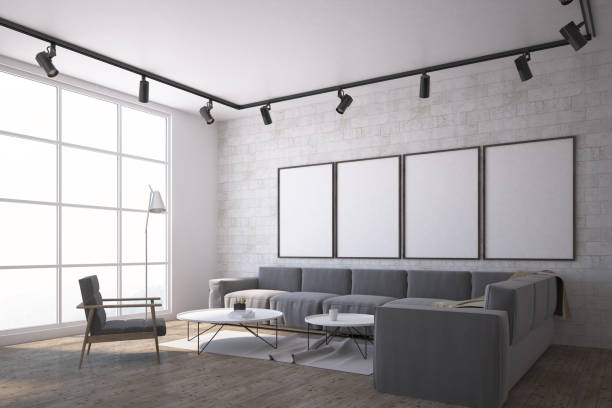 istock Poster gallery in a white brick living room corner 953619516