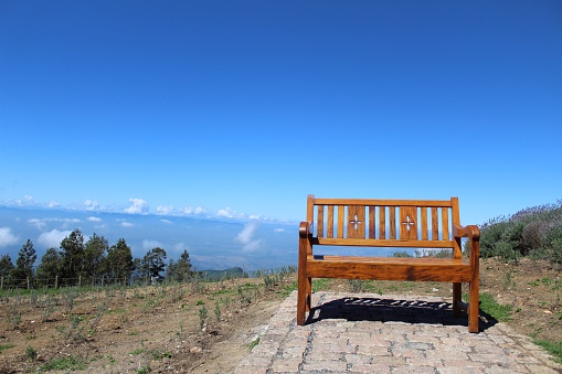 Empty wooden bench with sky in the background.