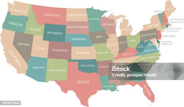 Ilustración de Colorido Mapa De Eeuu Estados Etiqueta Vector Ilustración De Contorno Con Nombres De Estados Mapa Creativo De Estados Unidos De América En Segundo Plano Grunge y más Vectores Libres de Derechos de Mapa