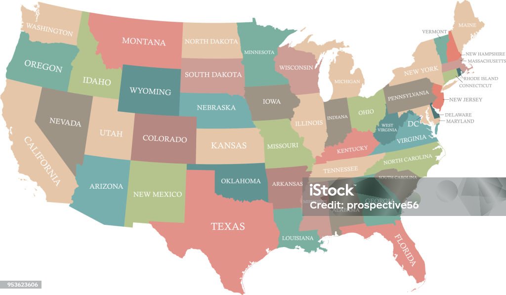 다채로운 지도 미국의 국가 이름 가진 벡터 개요 그림 표시 상태. 그런 지 배경에서 아메리카 합중국의 크리에이 티브 지도 - 로열티 프리 지도 벡터 아트