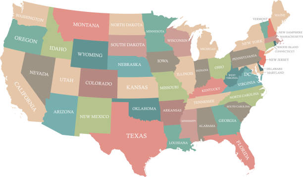 kolorowa mapa stanów usa wektorowa ilustracja konspektu z nazwami stanów oznaczonymi etykietą. kreatywna mapa stanów zjednoczonych ameryki w grunge tle - maryland map vector shape stock illustrations