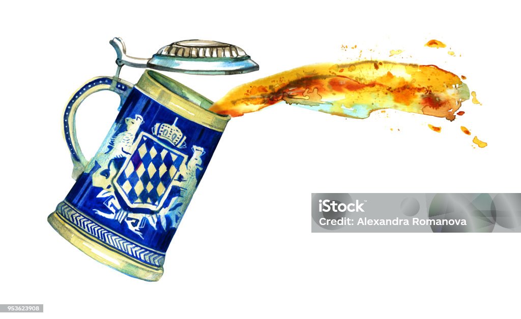 Hand drawn watercolor blue beer ceramic mug with heraldry and beer splash Hand drawn watercolor blue beer ceramic mug with heraldry and beer splash isolated on white background Bavaria stock illustration