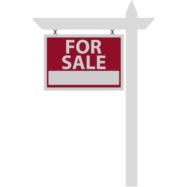 For Sale Sign Illustration Red and white sign hanging from white picket fence post with for sale text selling illustrations stock illustrations