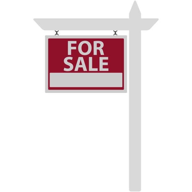 For Sale Sign Illustration Red and white sign hanging from white picket fence post with for sale text estate agent sign stock illustrations