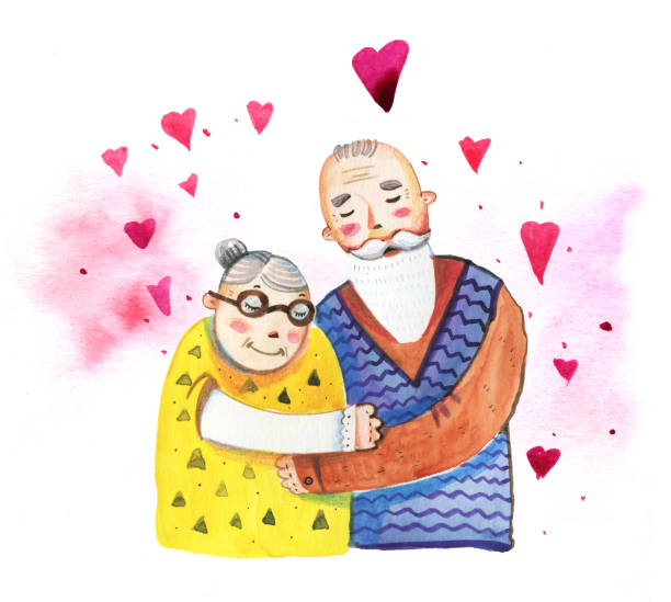 ilustrações de stock, clip art, desenhos animados e ícones de hand drawn watercolor cartoon illustration with old couple holding and pink hearts - illustration and painting watercolor painting people couple