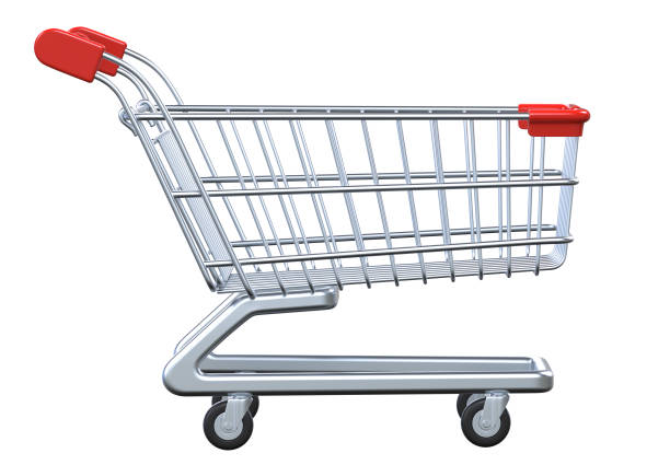 Side view empty shopping cart. 3D render isolated on white background