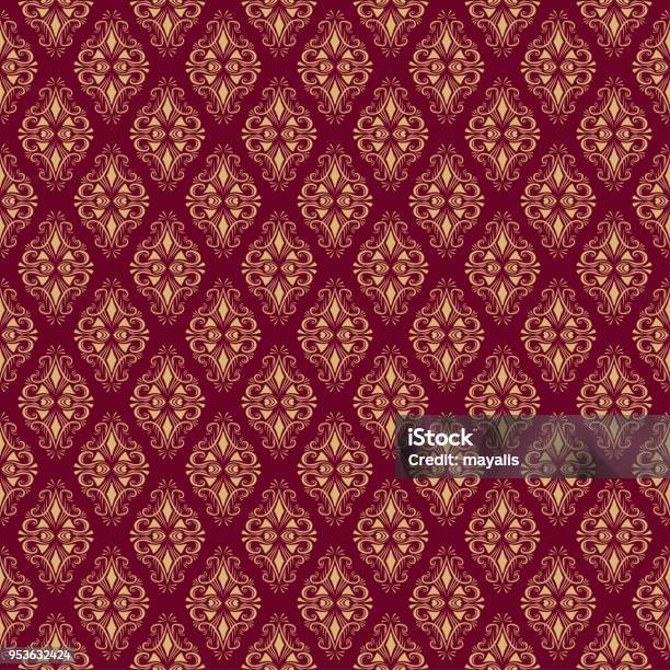 Seamless Damask Pattern Sur Fond Bordeaux Vecteurs libres de droits et plus d'images vectorielles de Motif - Motif, Marron - Rouge, Damas - En matière textile