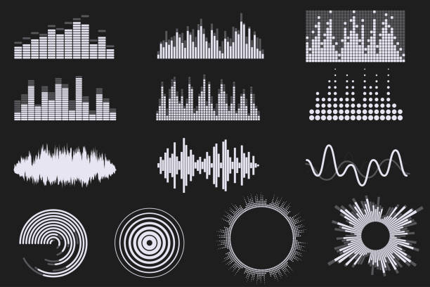 사운드 디지털 이퀄라이저 설정합니다. 디지털 오디오 이퀄라이저 기술입니다. 음악 초음파 아이콘입니다. 클래식, 라운드 및 창의적인 모양. 검은 배경에 고립. 디자인에 대 한 요소입니다. 벡터 eps 10 - interface icons audio stock illustrations