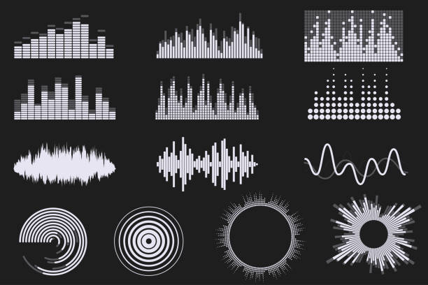 cyfrowy zestaw korektora dźwięku. technologia cyfrowego korektora audio. ikony muzyki soundwave. klasyczne, okrągłe i kreatywne kształty. odizolowane na czarnym tle. element do twojego projektu. wektor eps 10. - digitally generated image audio stock illustrations