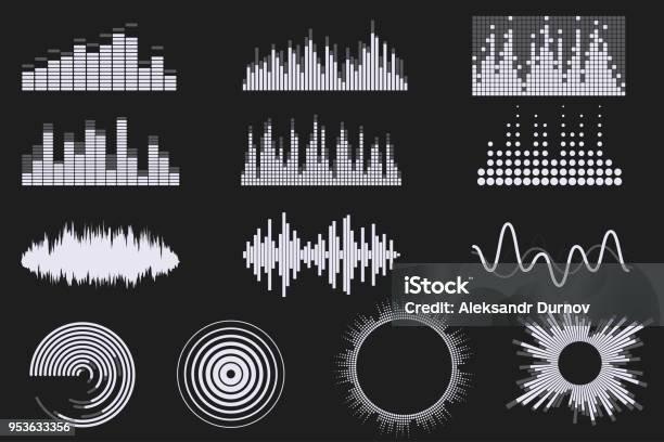 Sound Digital Equalizer Set Audio Digital Equalizer Technology Music Soundwave Icons Classic Round And Creative Shapes Isolated On Black Background Element For Your Design Vector Eps 10 Stock Illustration - Download Image Now