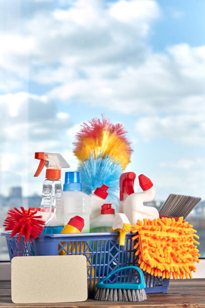 istock Group of products for cleaning in basket. 953636332