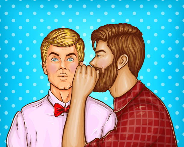 ilustrações de stock, clip art, desenhos animados e ícones de vector pop art men whisper about sales - gossip couple love concepts