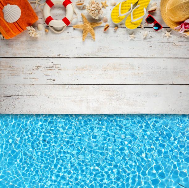 istock Beach accessories placed on white wooden planks 953637254