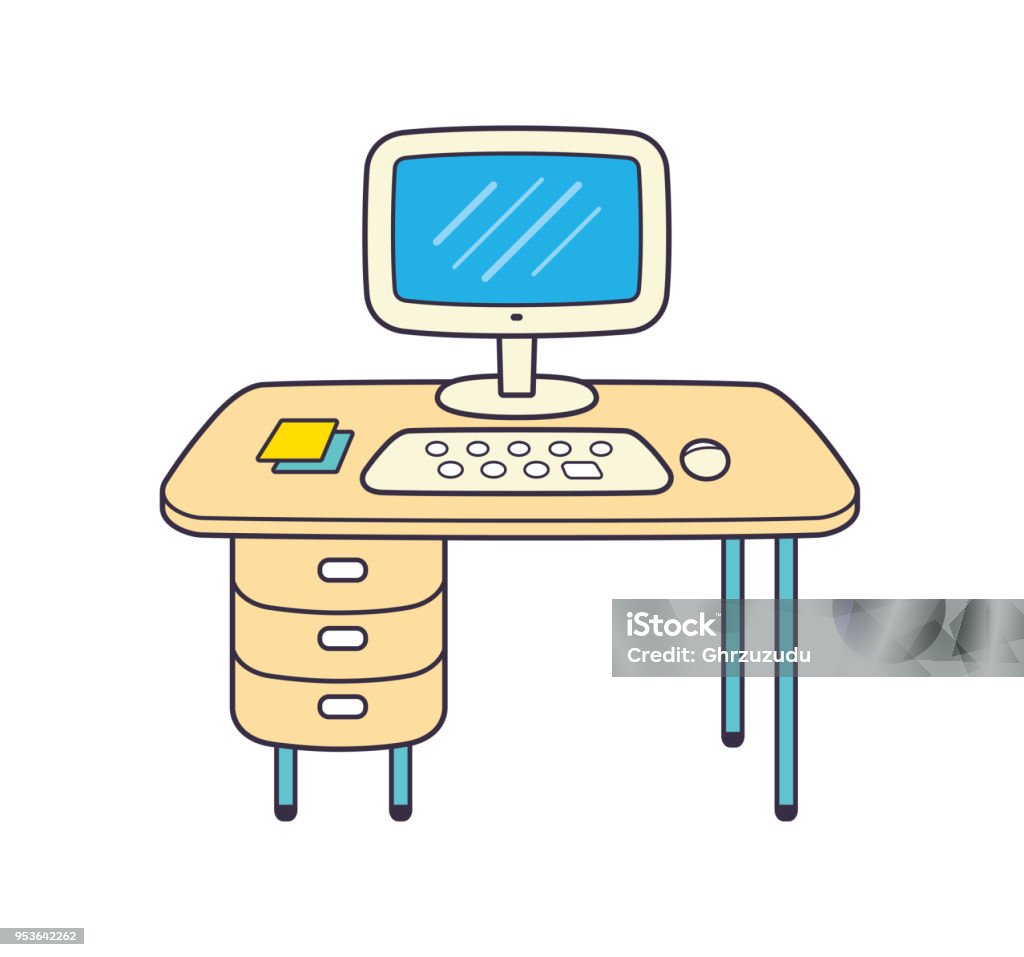 Working Table Computer Cartoon Computer On Office Table Stock Illustration - Download Image Now ...
