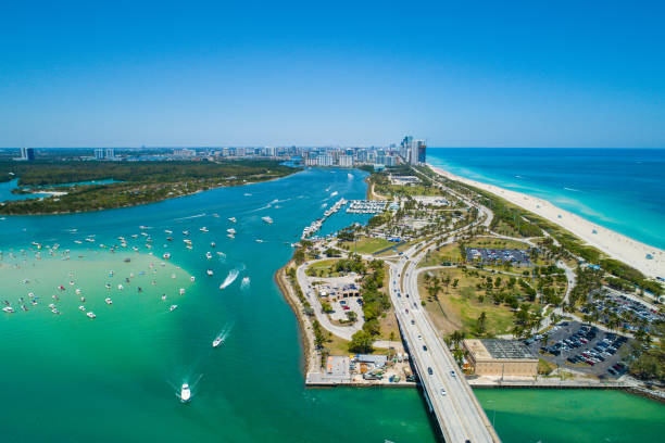 Aerial drone image of Miami Beach Haulover Park Aerial drone image of Miami Beach Haulover Park miami beach stock pictures, royalty-free photos & images