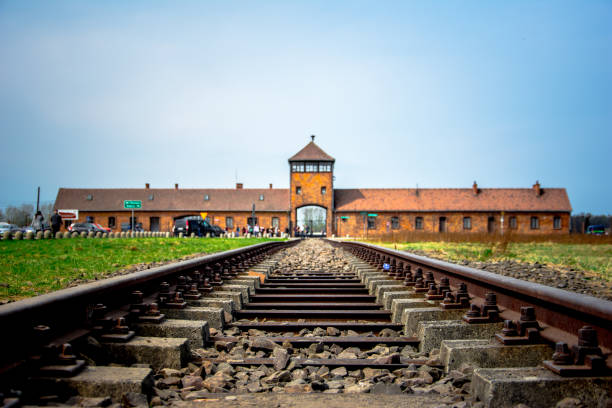 Main gate to nazi concentration camp of Auschwitz Birkenau with train rail, Poland. Main gate to nazi concentration camp of Auschwitz Birkenau with train rail, Poland on April 13, 2018. concentration camp photos stock pictures, royalty-free photos & images