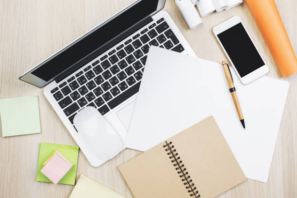 istock Office desktop with devices and supplies 953646922