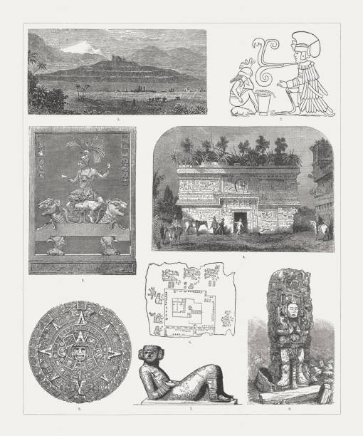 Pre-Columbian monuments, Mexico and Central America, wood engravings, published 1888 Pre-Columbian monuments in Mexico and Central America: 1) Great Pyramid of Cholula in Mexico (visual reconstruction); 2) Mural inside the Royal Palace of Chichen Itza (Yucatán, Mexico); 3) Mayan relief from Palenque depicting a king seated on a jaguar throne, (Yucatán, Mexico, after Jean Frédéric Maximilien de Waldeck); 4) Portal of the Palace of Palenque (Yucatán, Mexico); 5) Aztec calendar stone (National Anthropology Museum, Mexico City); 6) Aztec hieroglyphics - Documentation of a lawsuit; 7) Chak Moo,l found in Chichen Itza, Yucatán (now National Anthropology Museum, Mexico City); 8) Stela H at Copán, commissioned by Uaxaclajuun Ub'aah K'awiil (Honduras). Wood engravings, published in 1888. architectural stele stock illustrations