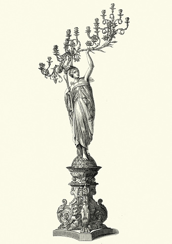 Vintage engraving of Victorian decor, Statue Candelabrum, 1855m by M Marchand, of Paris