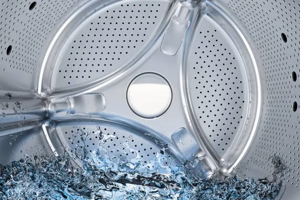Inside washing machine, drum of front-loading washing machine with water closeup, 3D rendering