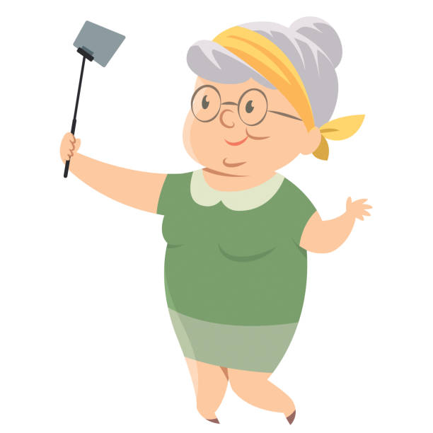 illustrazioni stock, clip art, cartoni animati e icone di tendenza di anziana che scatta foto selfie - grandmother