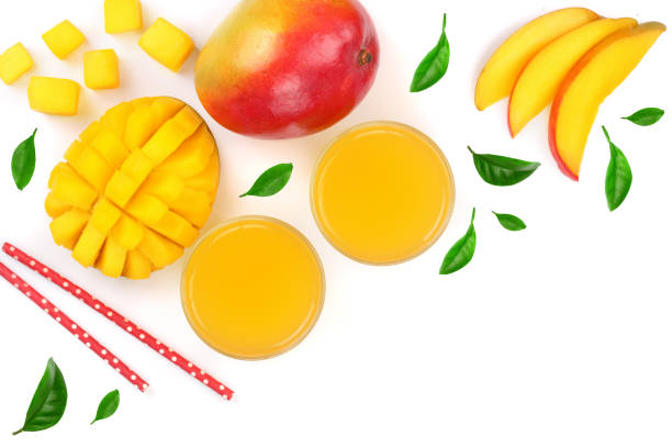 istock Mango juice and fruit isolated on white background with copy space for your text. Top view. Flat lay 953652264