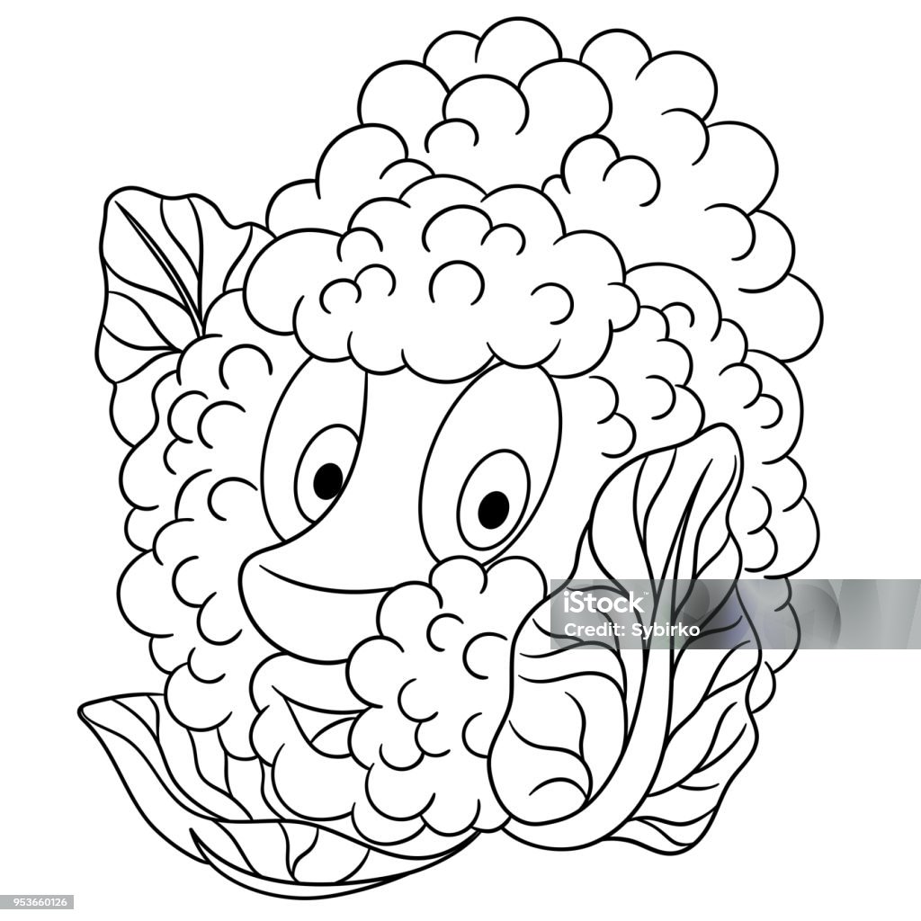 Cartoon cauliflower. Happy vegetable emoticon. Cartoon cauliflower. Happy vegetable emoticon. Coloring book page design for kids. Coloring stock vector